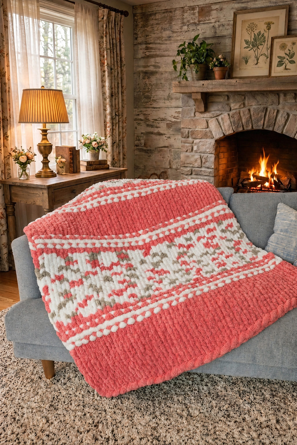 Solstice Ember — terracotta rose, cream, and khaki green — close-up of the striped and speckled knit