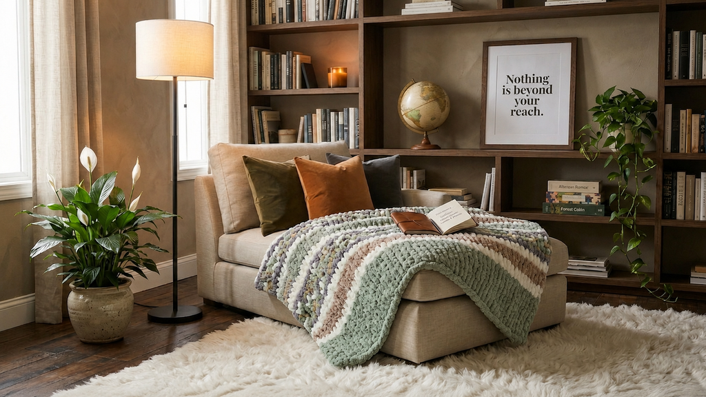 Veridian Stone — sage green, warm khaki, and cream — styled on a leather sofa