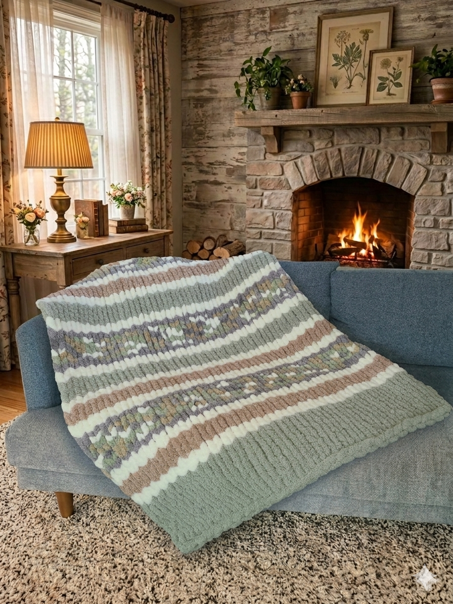 Veridian Stone — sage green and warm khaki — lifestyle photo of folded chunky knit