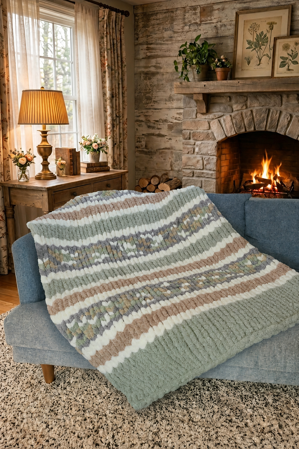 Veridian Stone — sage green, warm khaki, and cream — folded close-up of chunky knit texture