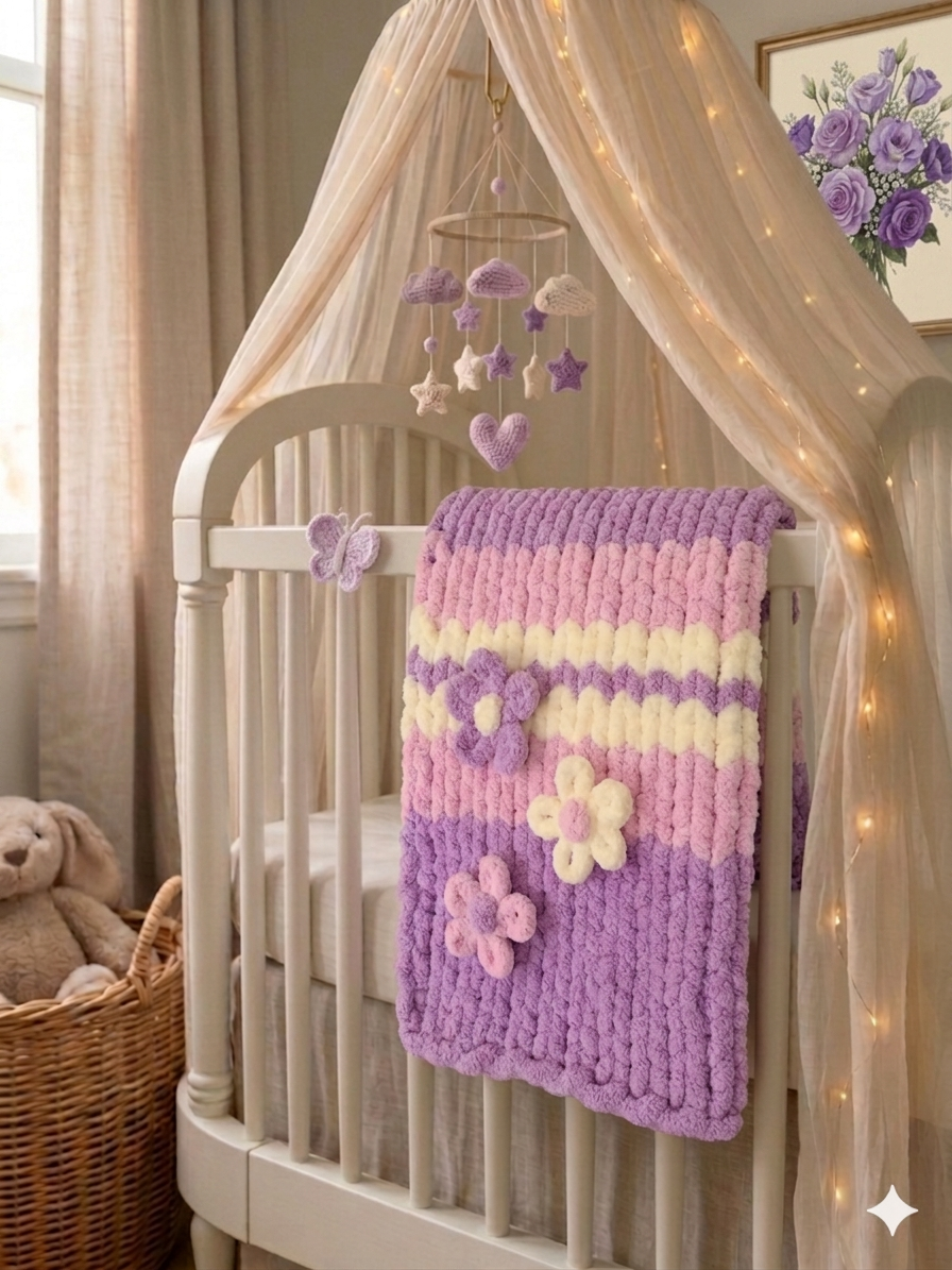 Wisteria Whisper — deep purple and lavender — lifestyle photo draped over a nursery armchair