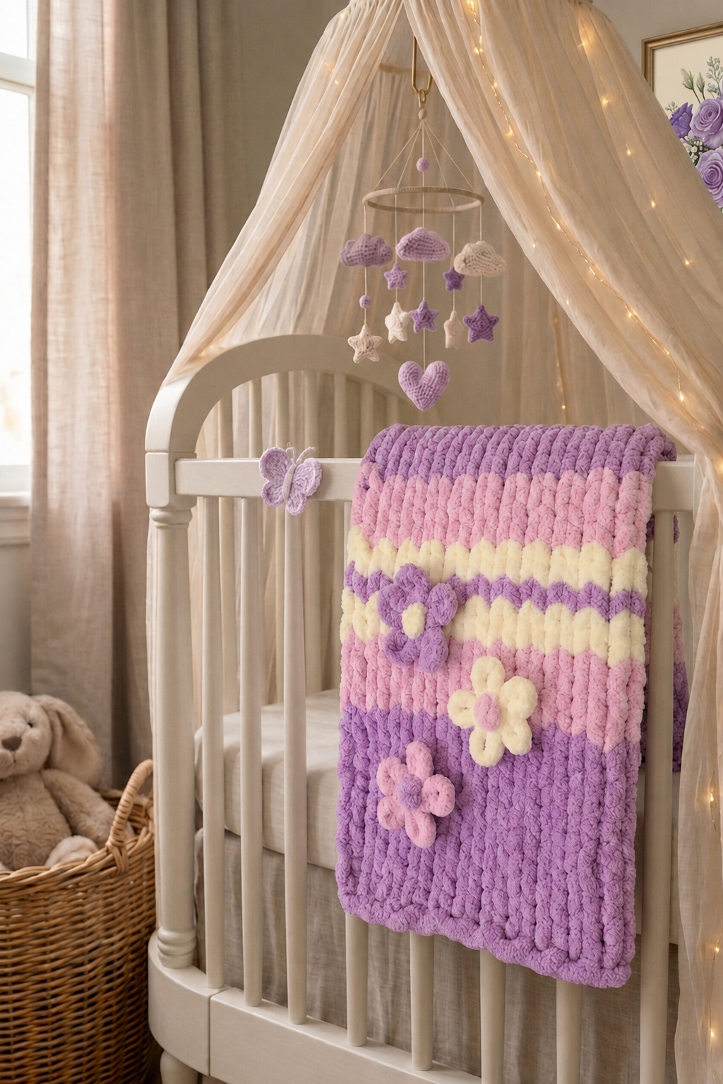 Wisteria Whisper baby blanket — deep purple and lavender — draped over a nursery armchair